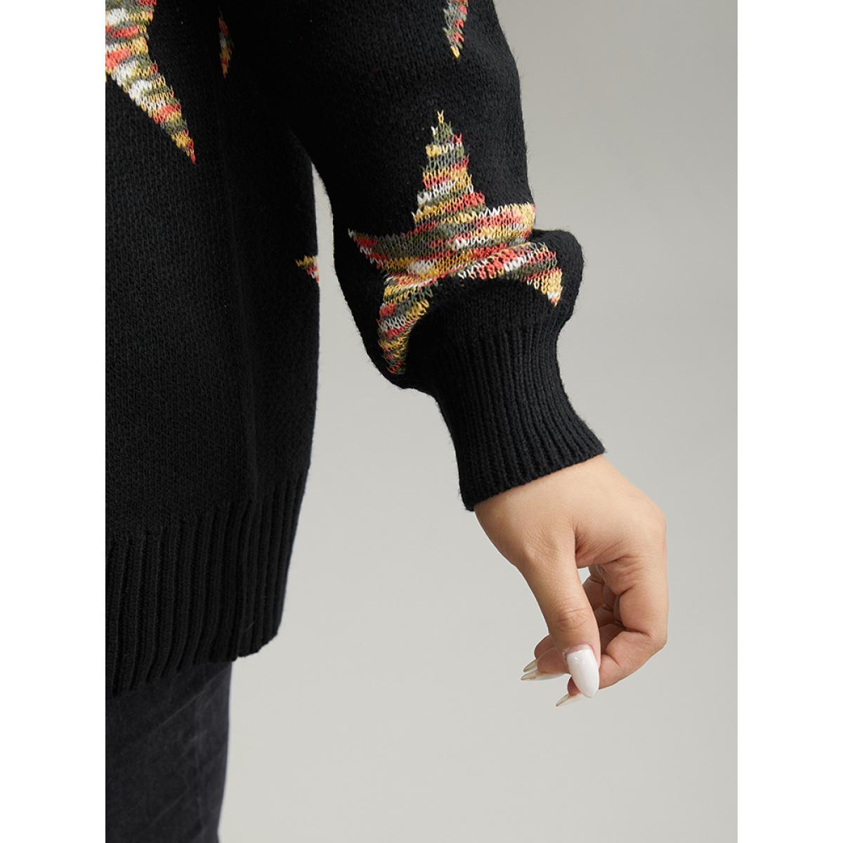 Plus Size Star Heather Elastic Cuffs Pullover Black Women Casual Loose Long Sleeve V-neck Dailywear Pullovers BloomChic 12/L Product Image