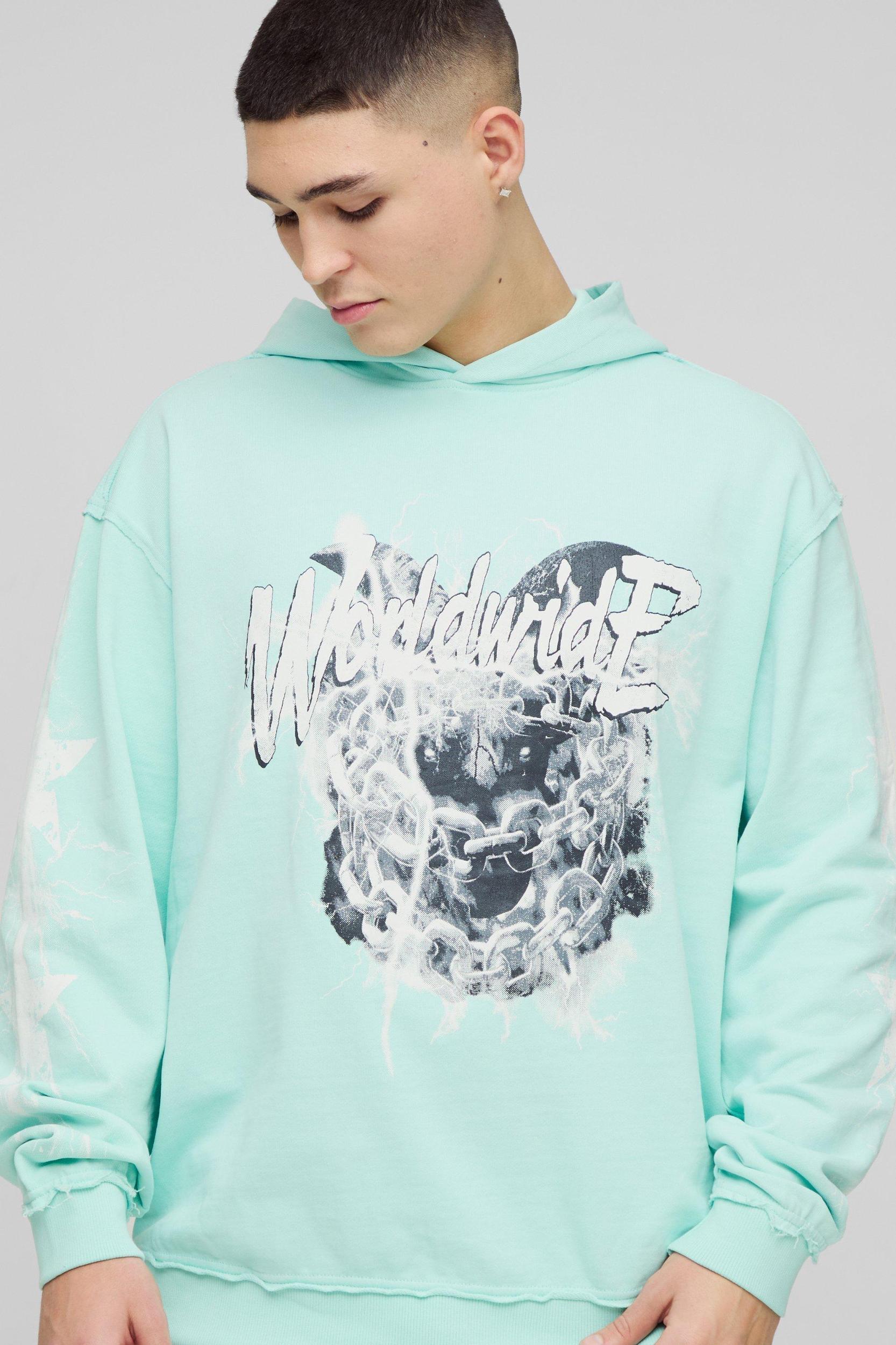 Oversized Loopback Raw Seams Worldwide Printed Hoodie | boohooMAN USA Product Image
