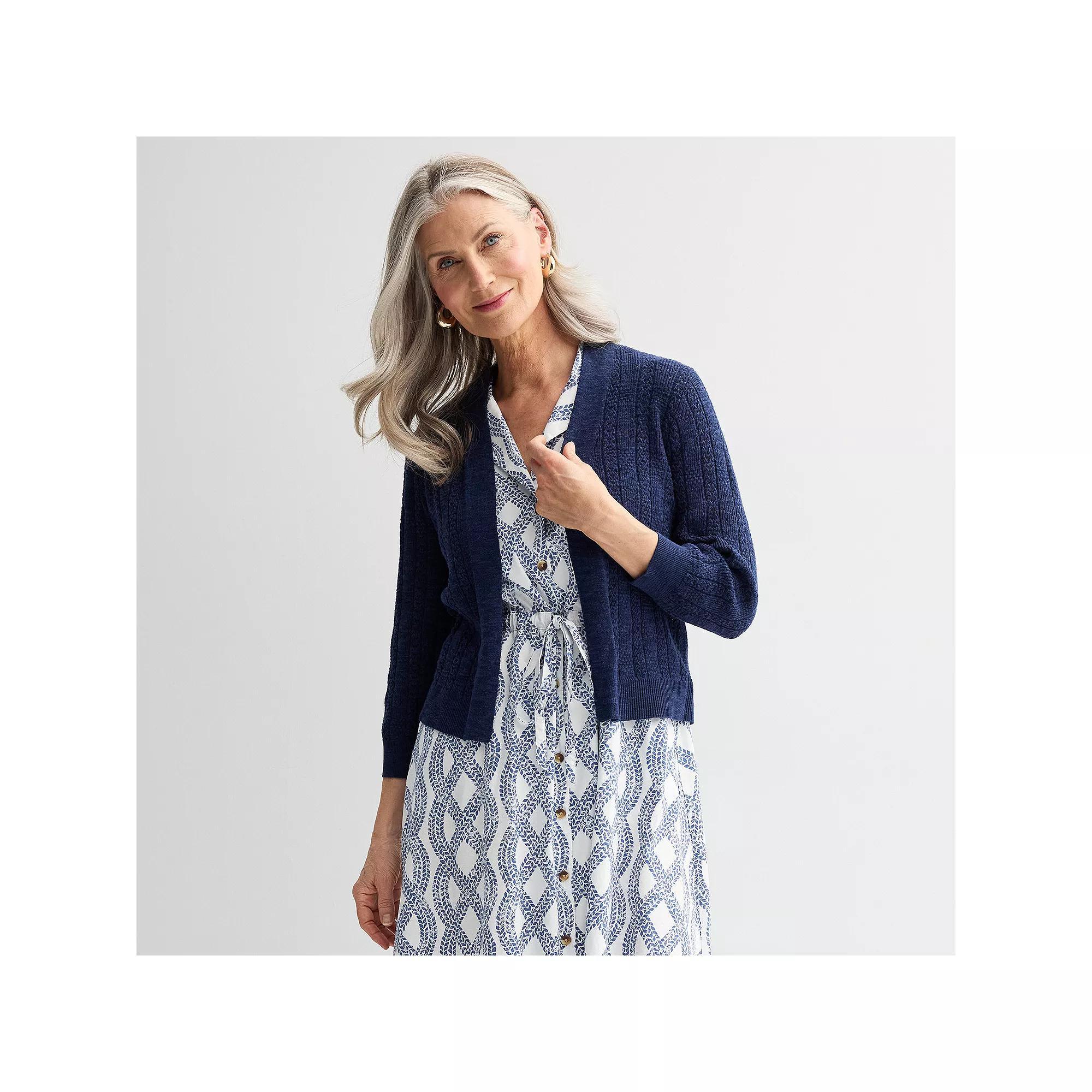 Women's Croft & Barrow® Pointelle Basket Open Front Cardigan, Size: Medium, Seattle Blue Product Image