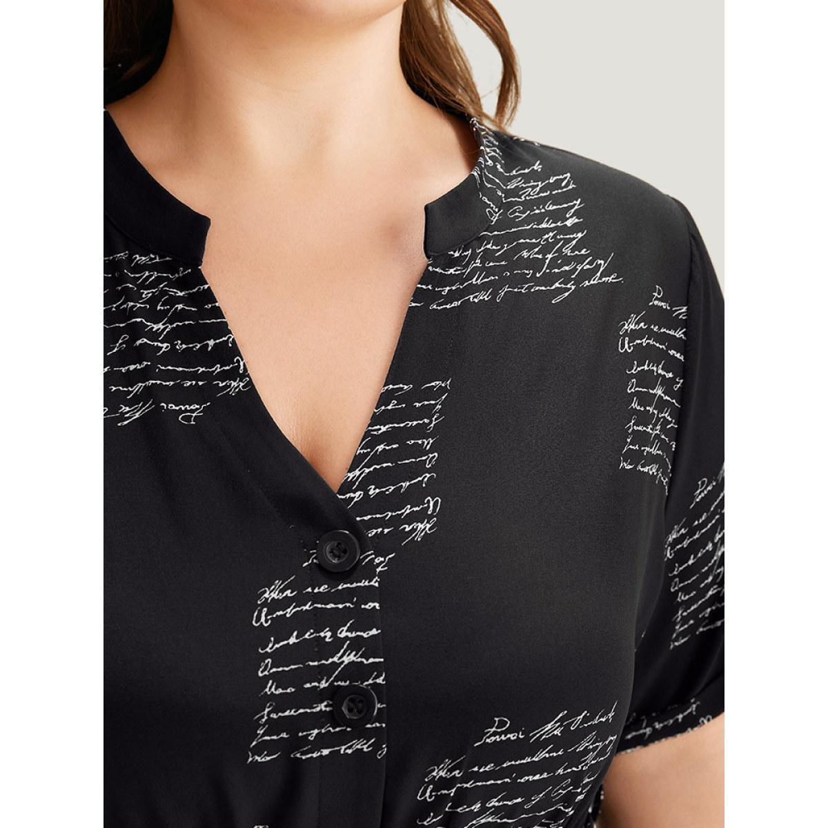 Plus Size Letter Print Notched Belted Arc Hem Dress Black Women Office Belted Mock Neck Short sleeve Curvy Midi Dress BloomChic 10/M Product Image