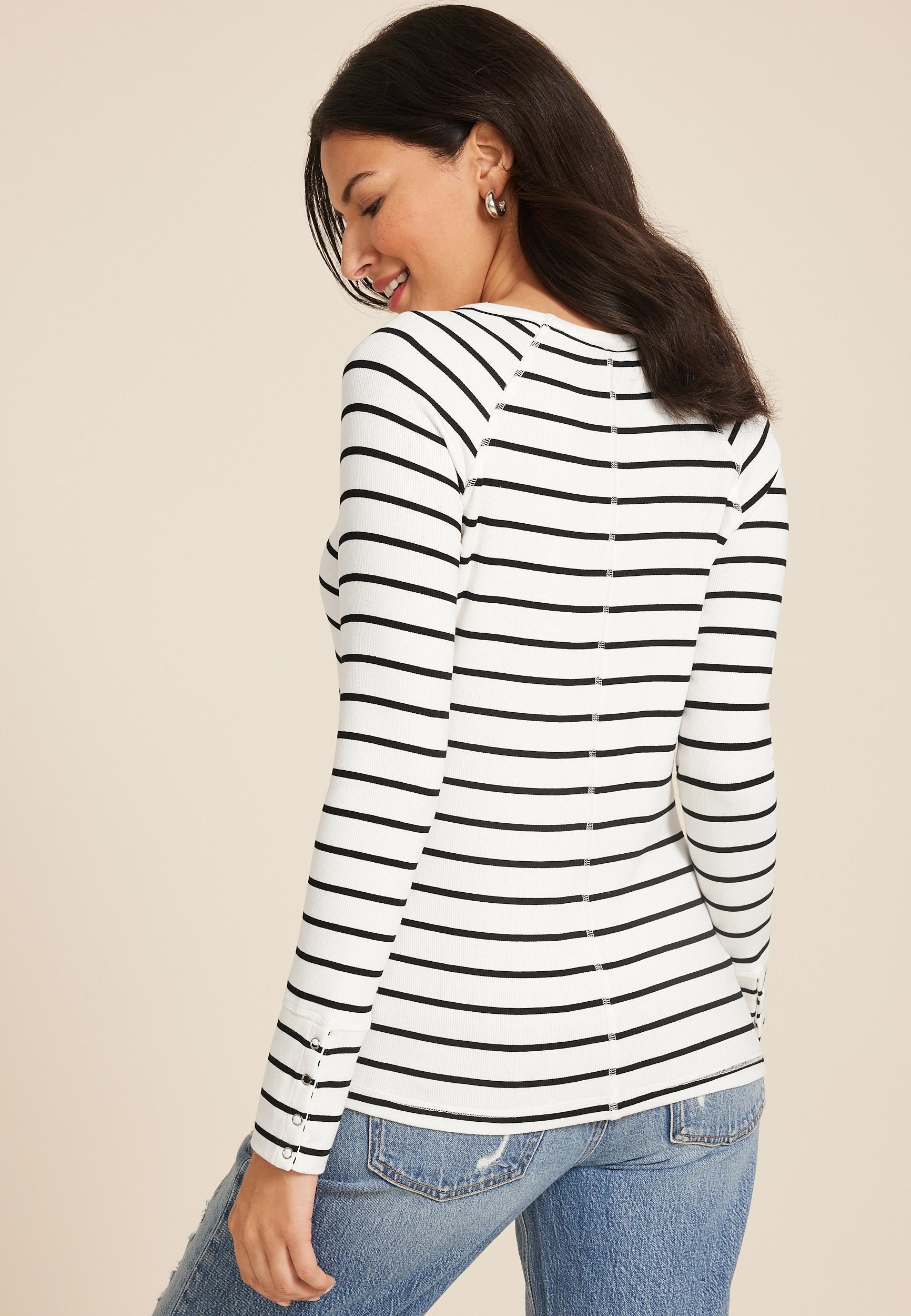Maurices Womens XX Large Size Cozy Ribbed Snap Cuff V Neck Long Sleeve Tee White Product Image