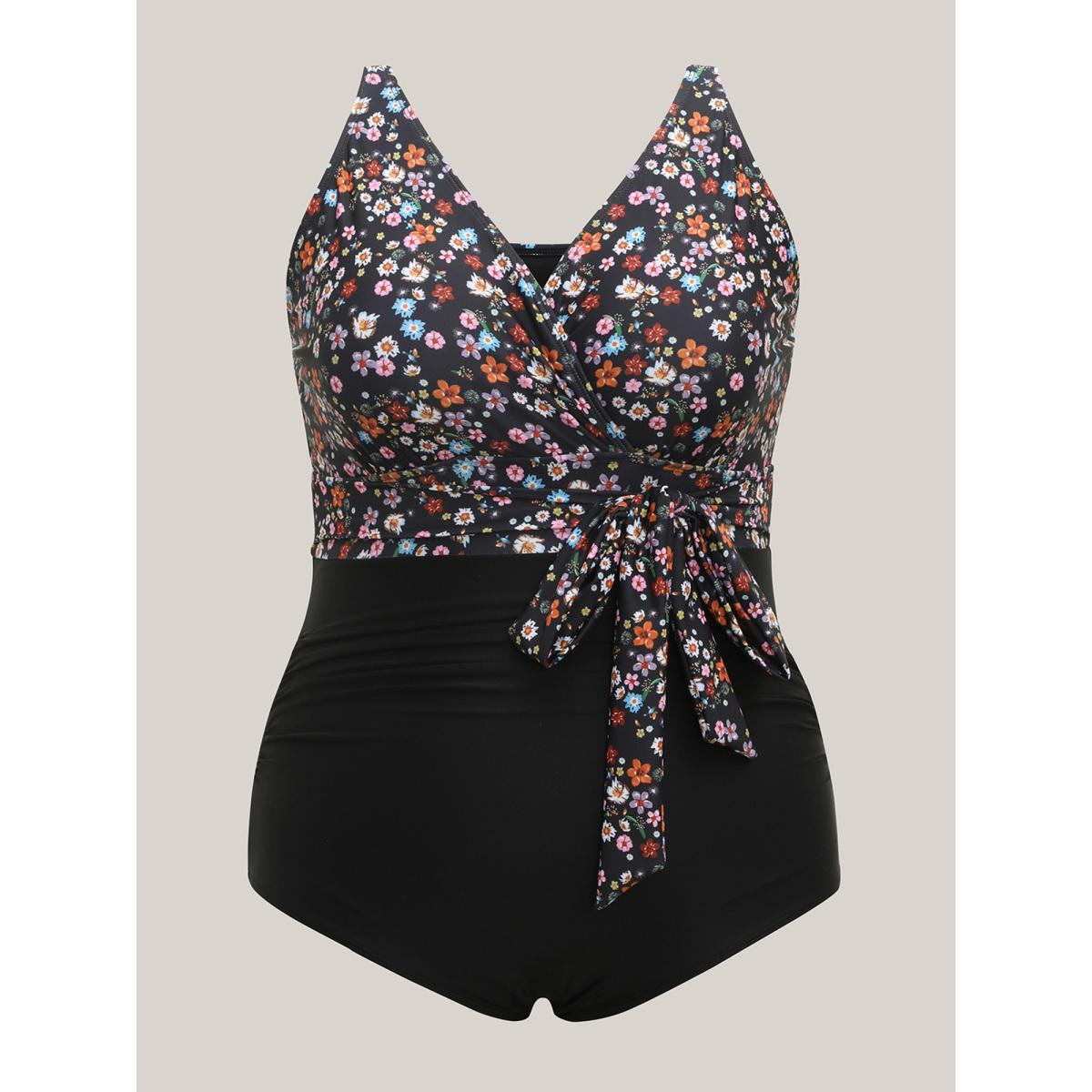 Plus Size Floral Tied Waist Defining One-Piece Swimsuit Women's Swimwear Black Beach Tie knot Curve Bathing Suits High stretch One Pieces BloomChic 12/L Product Image