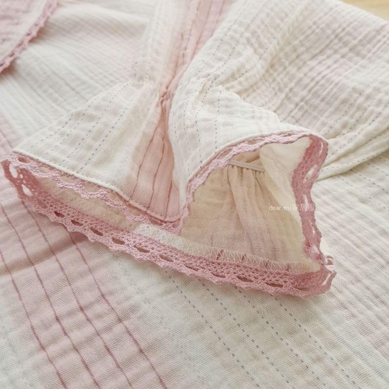 Pajama Set: Long-Sleeve Peter Pan Collar Striped Lace Trim Button-Up Top + Pants Product Image