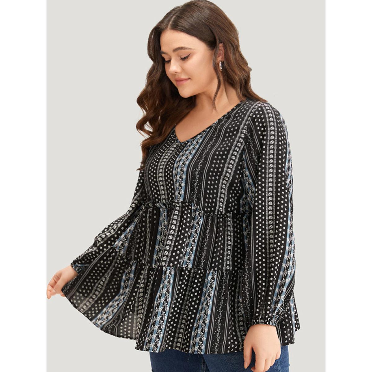 Plus Size BlackFlower Boho Print Frill Trim Ruffle Layered Hem Blouse Women Vacation Long Sleeve V-neck Vacation Blouses BloomChic 18-20/2X Product Image