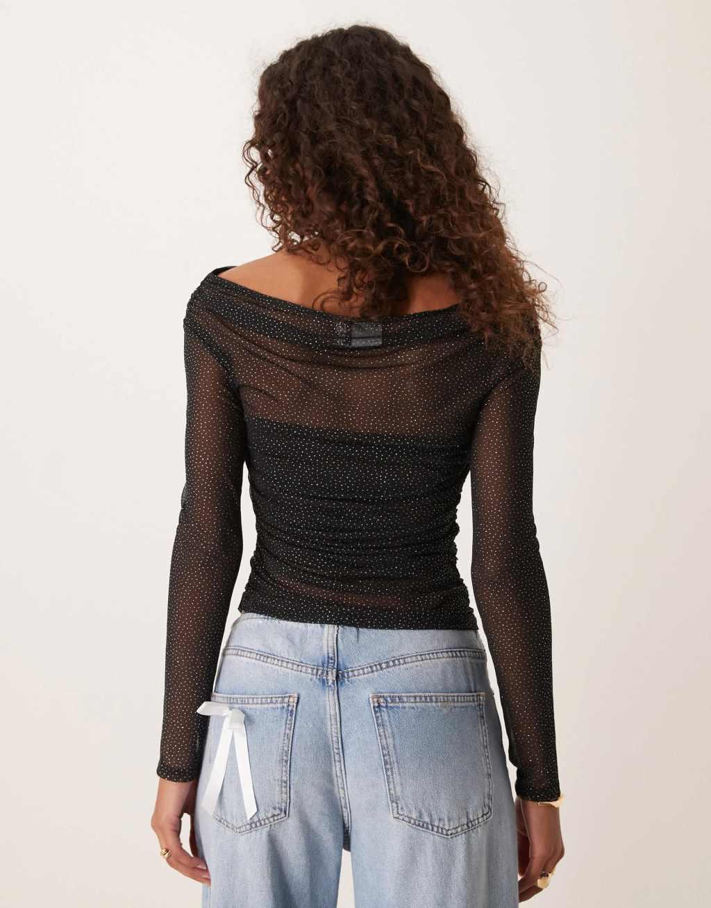 ASOS DESIGN gathered off the shoulder mesh top in black glitter Product Image