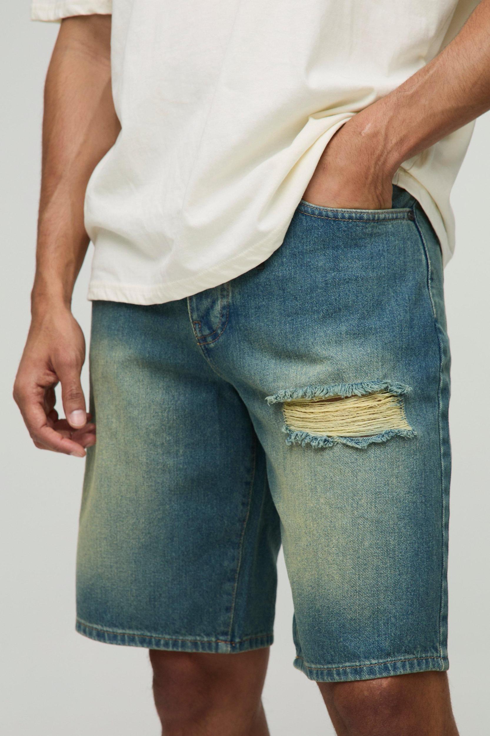 Relaxed Fit Long Length Vintage Blue Ripped Jean Shorts | boohooMAN USA Product Image