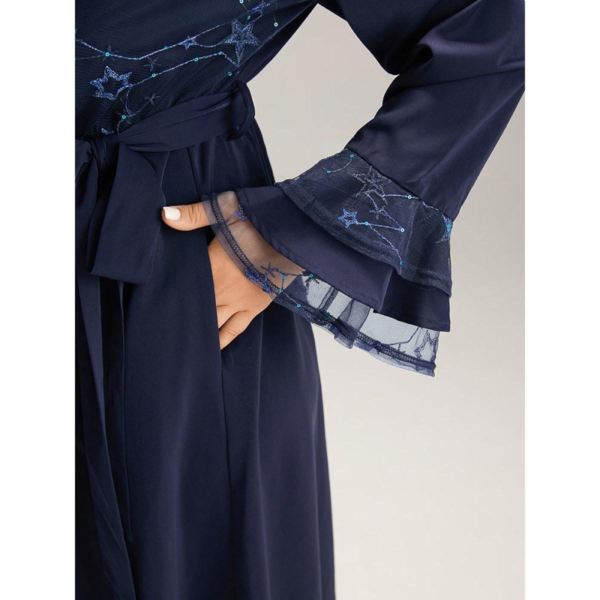 Plus Size Star Sequin Mesh Layered Sleeve Dress DarkBlue Women Party Belted Round Neck Long Sleeve Curvy Midi Dress BloomChic 28/5X Product Image