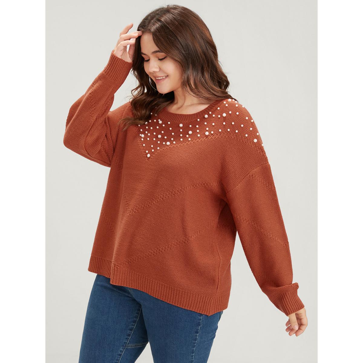 Plus Size Solid Pointelle Knit Pearls Beaded Knit Top Rust Women Casual Loose Long Sleeve Round Neck Dailywear Pullovers BloomChic 18-20/2X Product Image