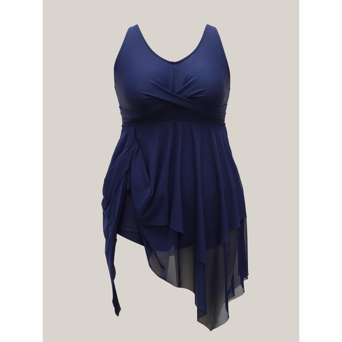 Plus Size Twist Front Hi-Low Hem Sheer Layered Swim Dress Women's Swimwear Indigo Beach Bodycon U-neck High stretch Curve Swim Dresses BloomChic 22-24/3X Product Image