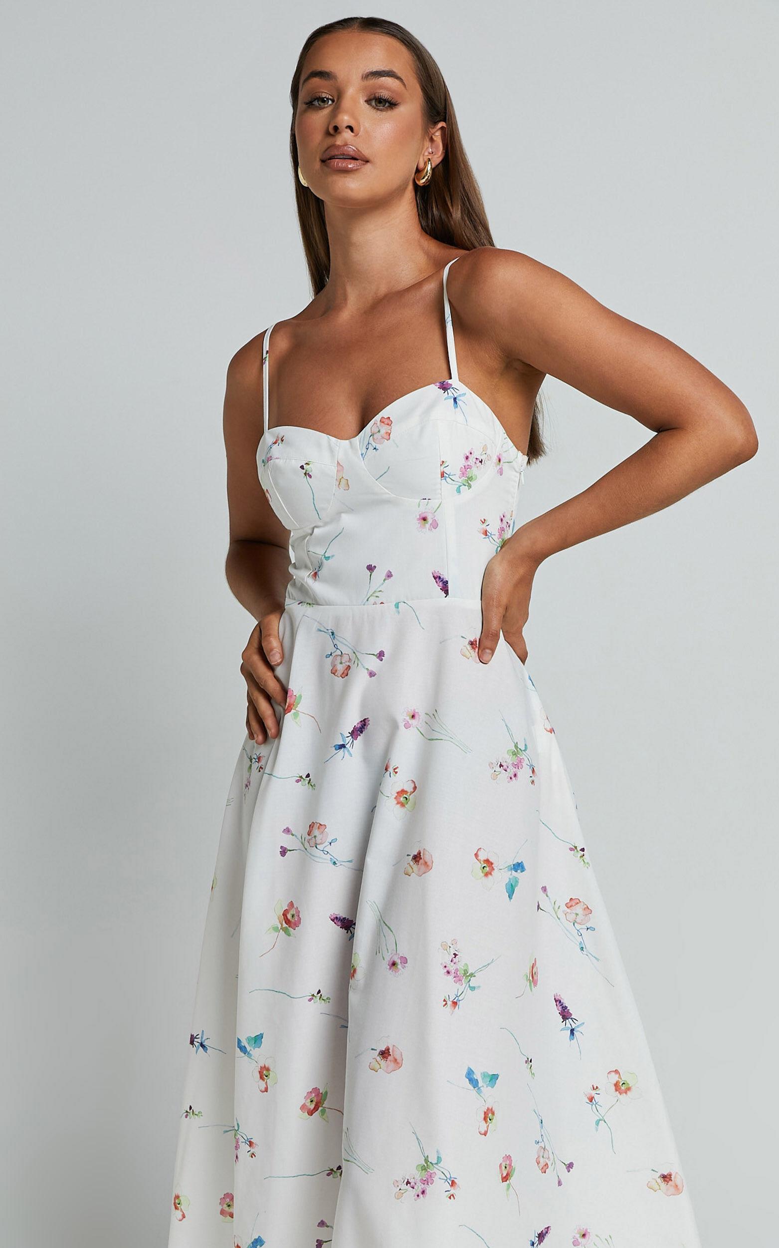 Robertson Midi Dress - Strappy Sweetheart Bustier Flare Dress in Painterly Wild Flower Product Image