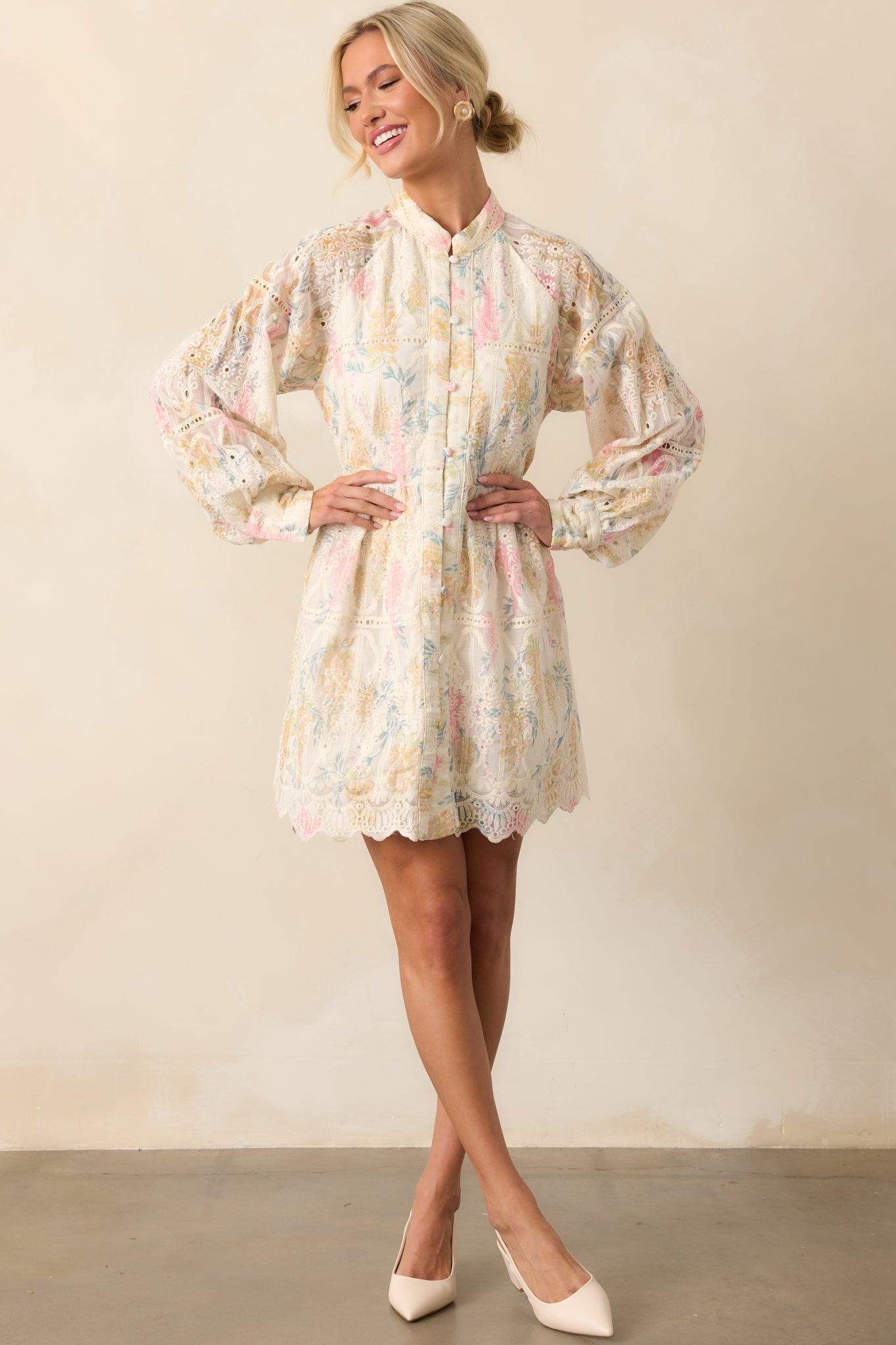 The Art Of Being Ivory Floral Embroidered Eyelet Mini Dress Product Image