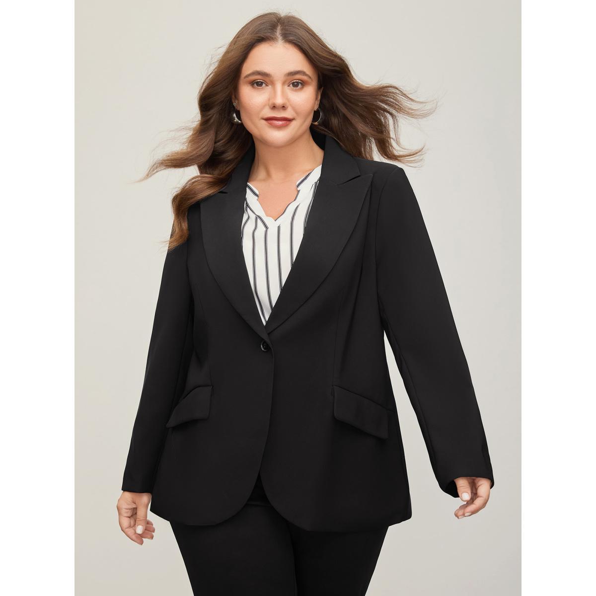 Plus Size Stretch Woven Pocket Slim-Fit Blazer Black Women Work Button Sleeve Extra Long Sleeve Suit Collar 22-24/3X Open pocket with flap At the Office Blazers BloomChic Product Image
