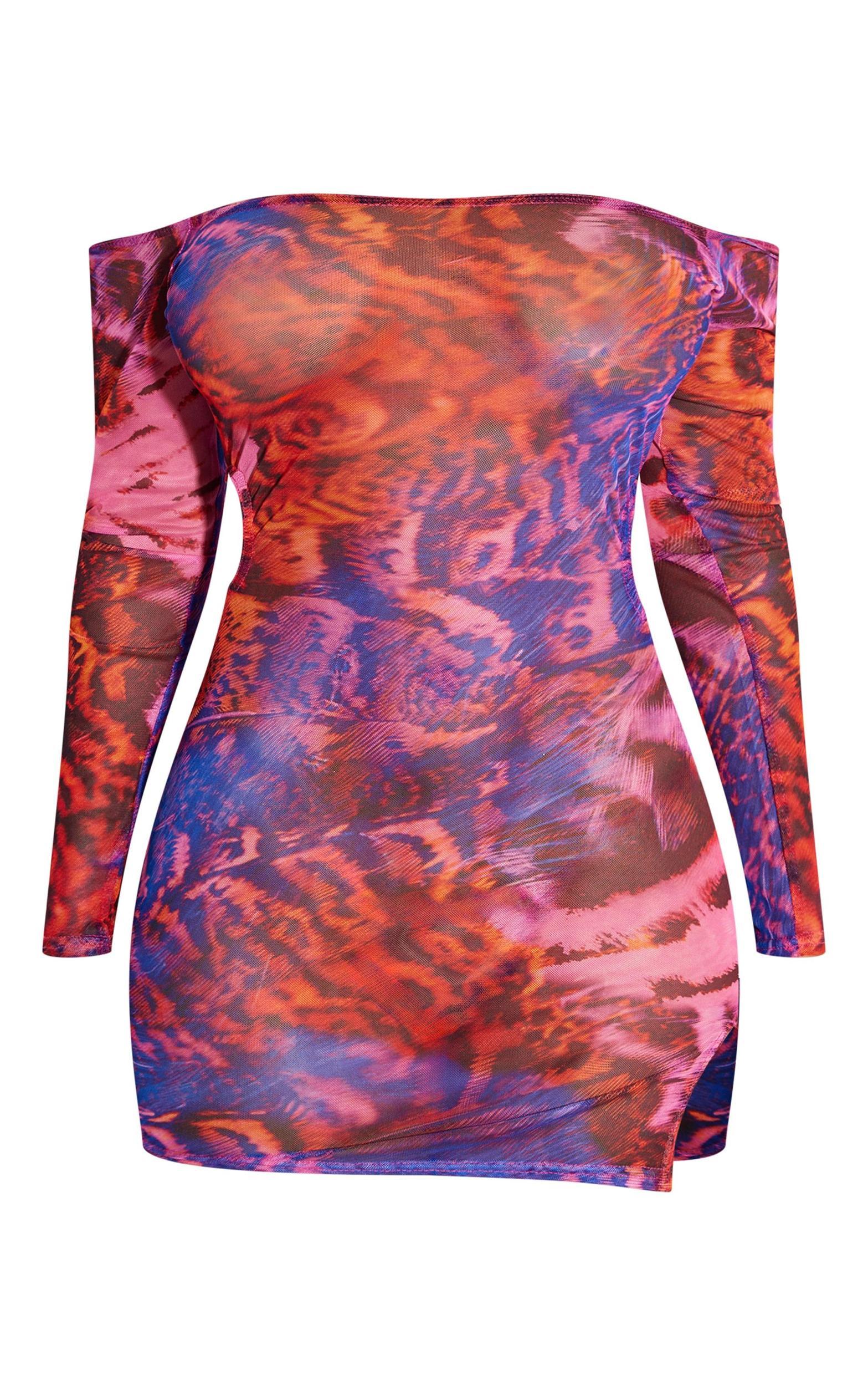 Shape Purple Printed Mesh Long Sleeve Bardot Cut Out Bodycon Dress Product Image