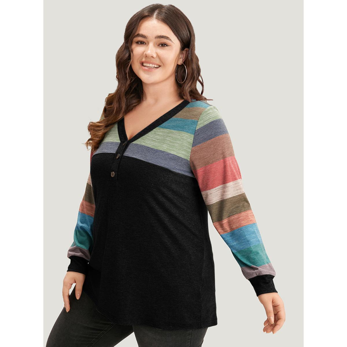 Plus Size Colorblock Contrast V Neck Button Up T-shirt Black Women Casual Elastic cuffs Striped V-neck Everyday T-shirts BloomChic 30/6X Product Image