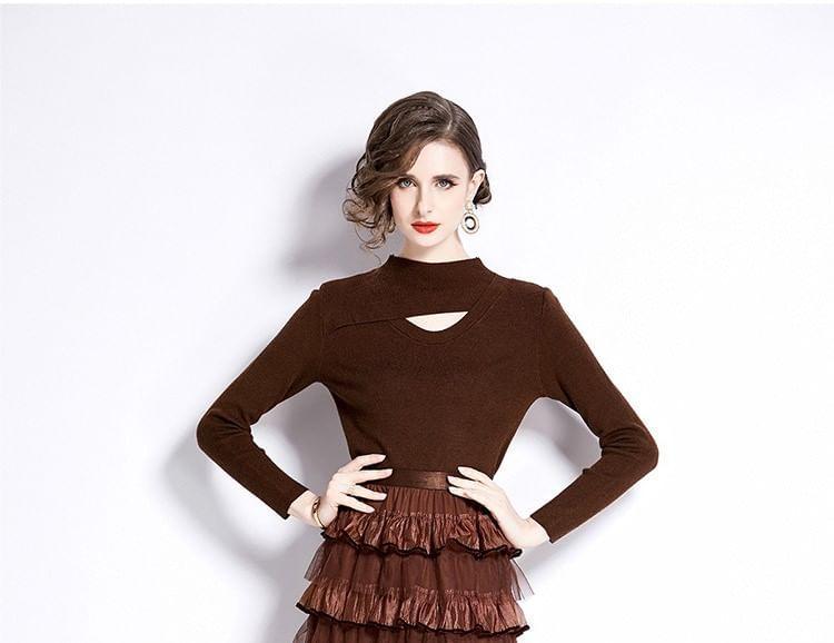 Set: Long Sleeve Mock Neck Plain Panel Knit Top + High Waist Tiered Mesh Maxi A-Line Skirt Product Image
