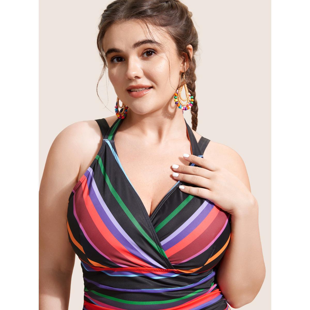 Plus Size Contrast Striped Tie Knot One Piece Swimsuit Women's Swimwear Multicolor Beach Tie knot Curve Bathing Suits High stretch One Pieces BloomChic 26/4X Product Image