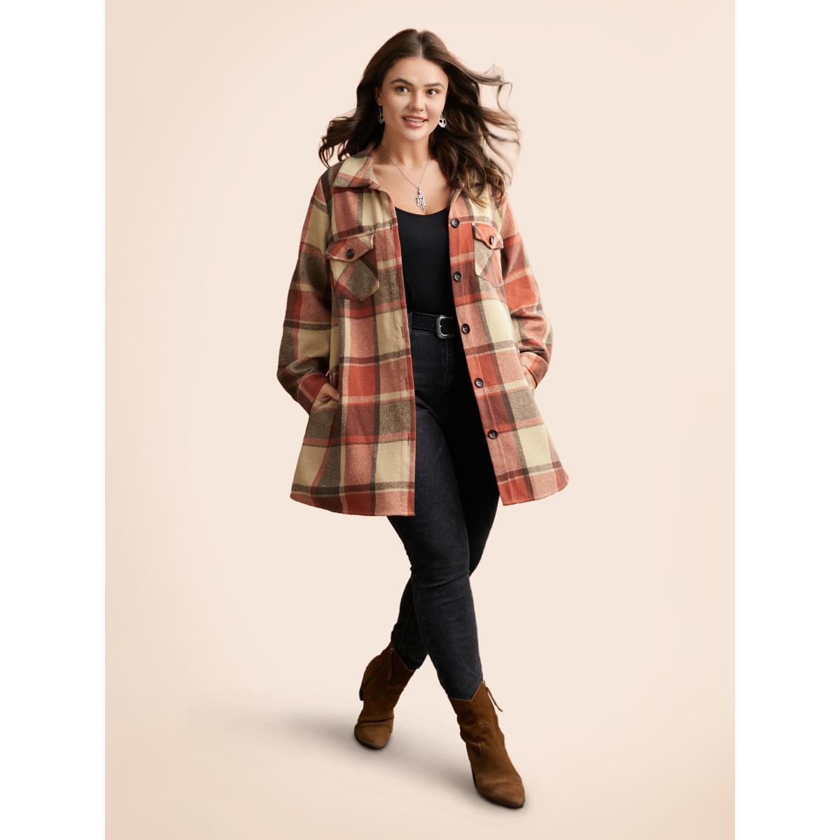 Plus Size Plaid Chest Pockets Long Jacket Women Rust Button Loose Side seam pocket Everyday Jackets BloomChic 12/L Product Image