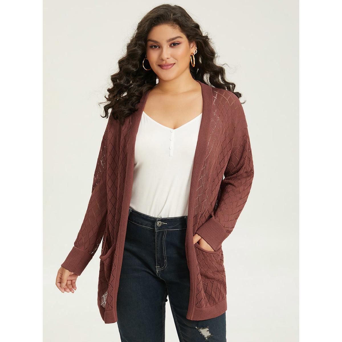Plus Size Plain Geometric Hollow Out Pocket Cardigan Rust Women Casual Loose Long Sleeve Everyday Cardigans BloomChic 30/6X Product Image