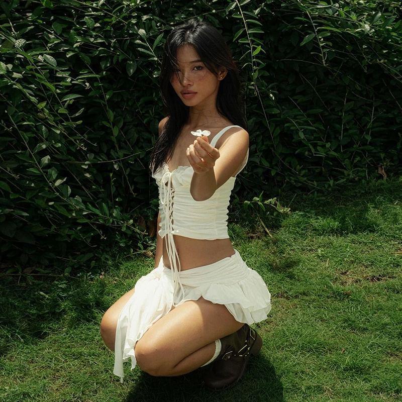 Scoop Neck Lace-Trim Plain Tie-Up Crop Tank Top / Low Waist Mini Skirt Product Image