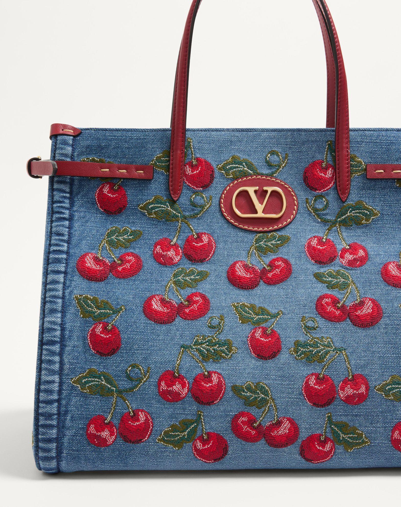 Valentino Garavani Antibes Medium Shopping Bag In Denim With Cherryfic Embroidery Product Image