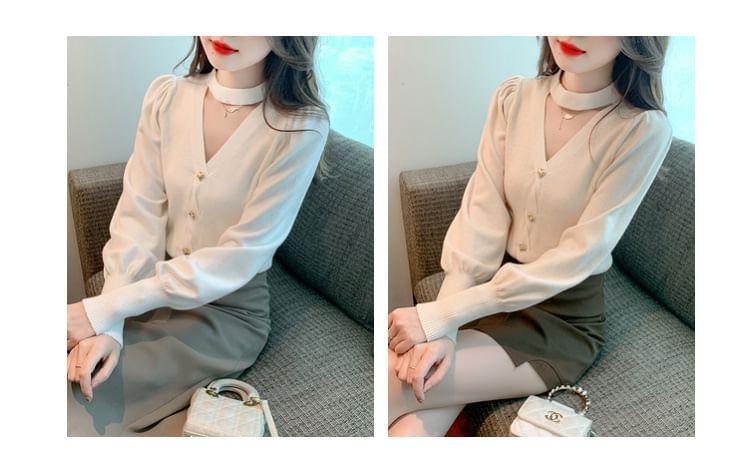 Long-Sleeve Halter Plain Cutout Heart Button Ribbed Knit Top Product Image