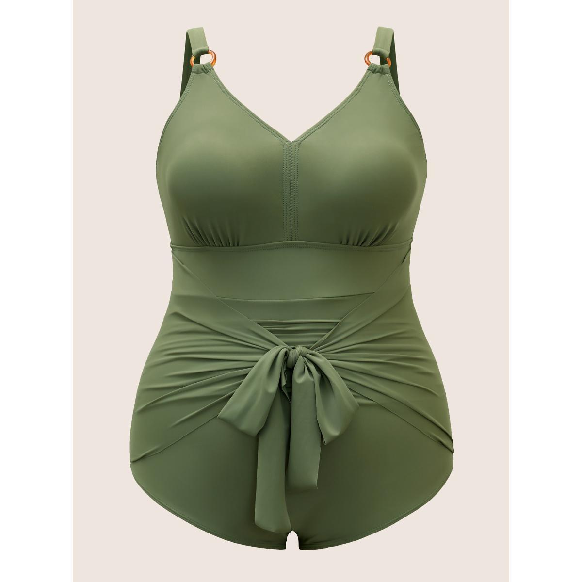 Plus Size Solid Buckle Detail Tie Knot One Piece Swimsuit Women's Swimwear Palemauve Beach Tie knot Curve Bathing Suits High stretch One Pieces BloomChic 30/6X Product Image