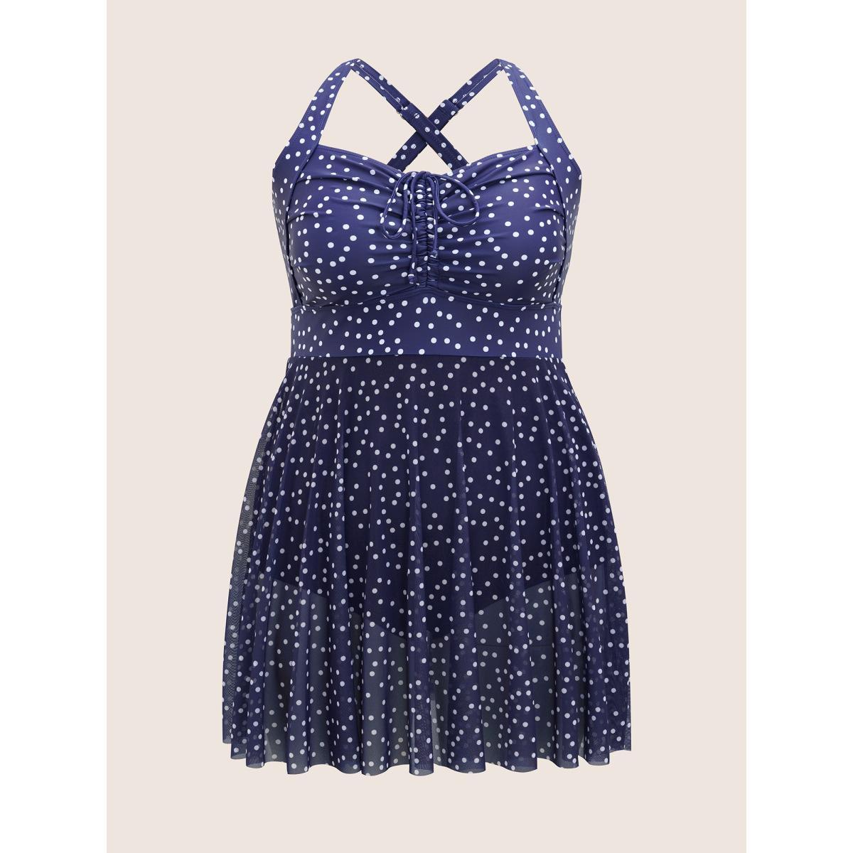 Plus Size Polka Dot Drawstring Patchwork See Through Swim Dress Women's Swimwear Indigo Beach Bodycon Heart neckline High stretch Curve Swim Dresses BloomChic 12/L Product Image