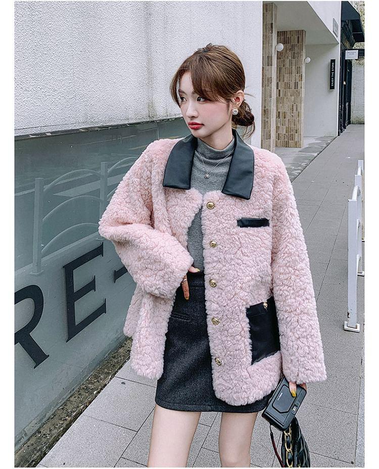 Plain Contrast Trim Faux Leather Panel Faux Shearling Single-Breasted Jacket Product Image