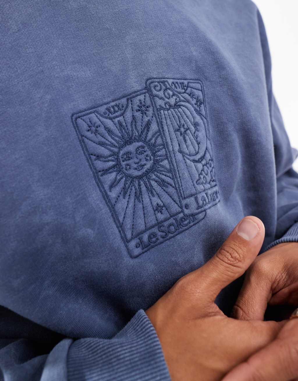 ASOS DESIGN boxy oversized hoodie with embroidery in vintage indigo wash Product Image