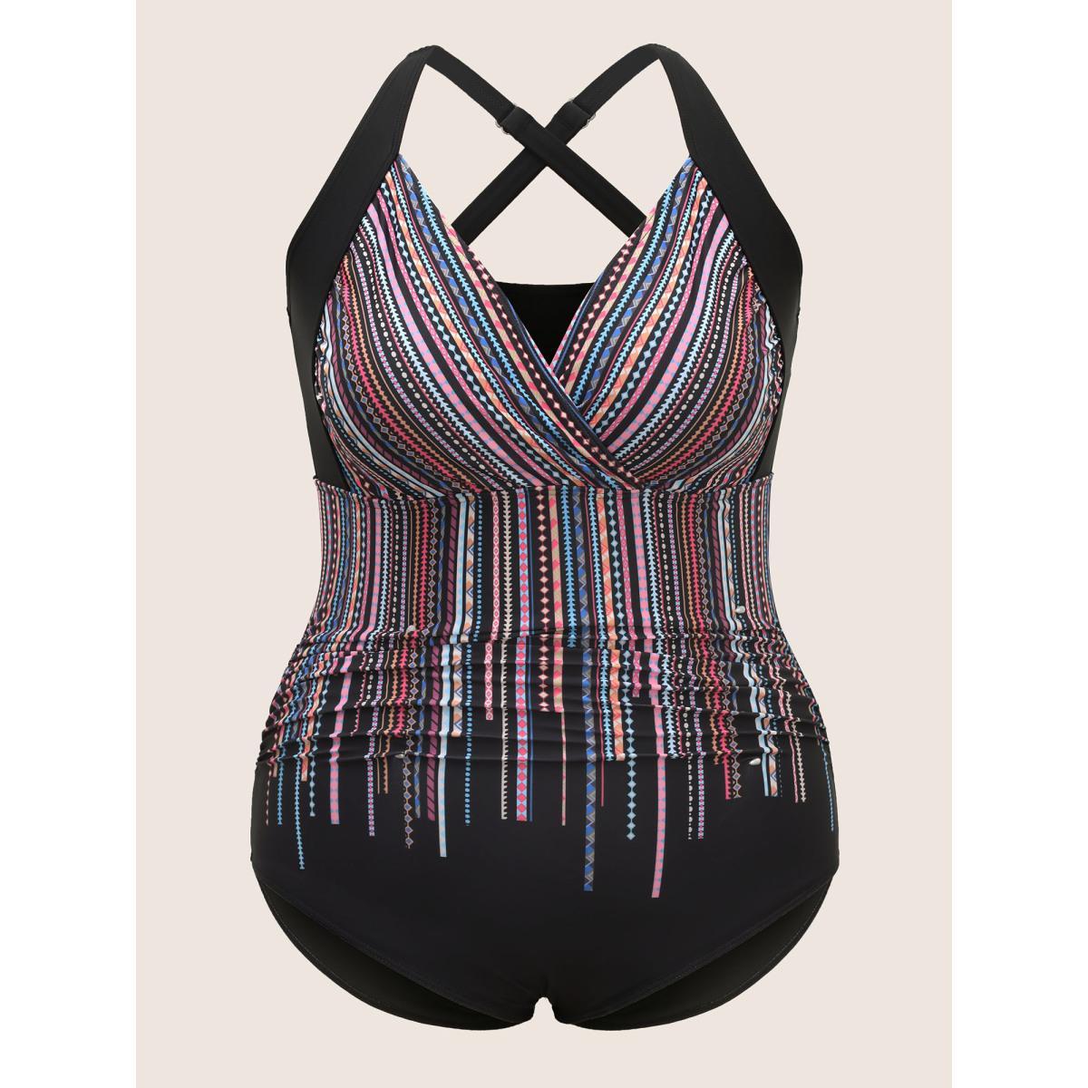 Plus Size Bandana Striped Overlap Collar Back Crisscross One Piece Swimsuit Women's Swimwear Black Beach Gathered Curve Bathing Suits High stretch One Pieces BloomChic 30/6X Product Image