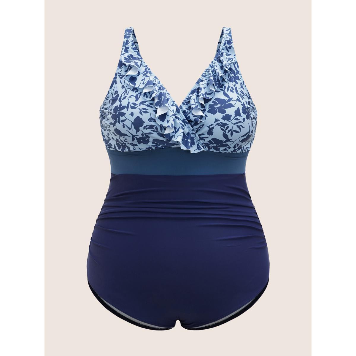 Plus Size Silhouette Floral Print Patchwork Ruffles One Piece Swimsuit Women's Swimwear Indigo Beach Gathered Curve Bathing Suits High stretch One Pieces BloomChic 28/5X Product Image