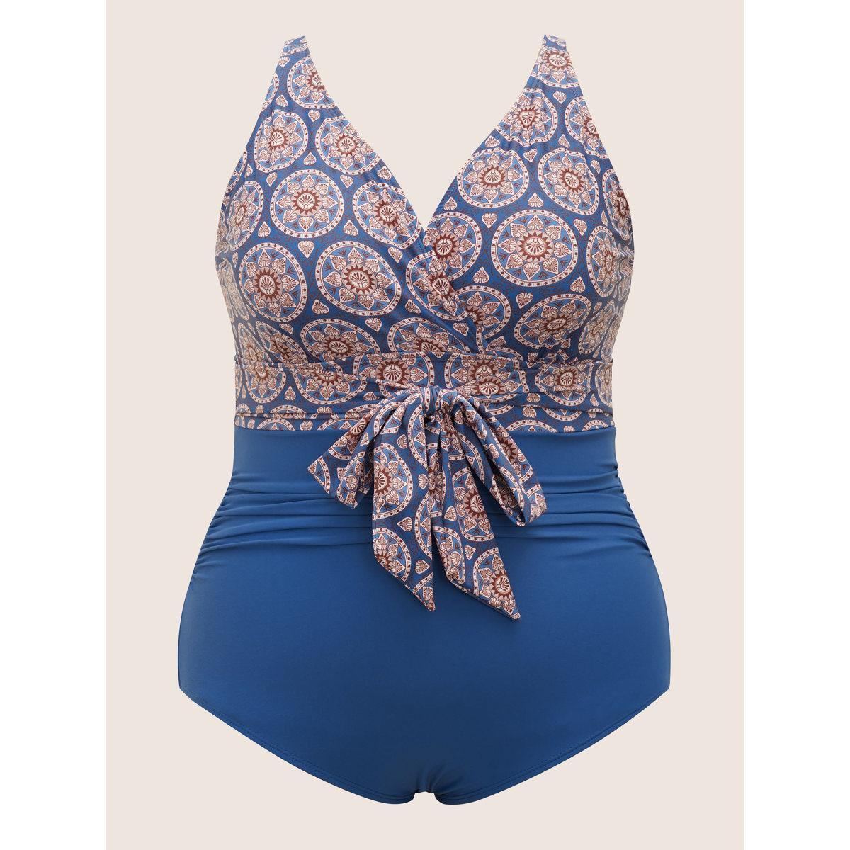 Plus Size Boho Print Overlap Collar Patchwork One Piece Swimsuit Women's Swimwear Indigo Beach Gathered Curve Bathing Suits High stretch One Pieces BloomChic 26/4X Product Image