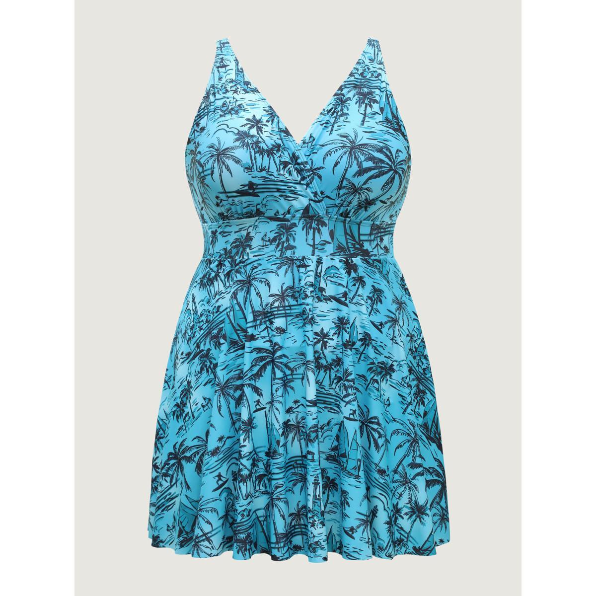 Plus Size Anti Float Tie Tropical Print Swim Dress Women's Swimwear Teal Beach Bodycon Overlap Collar High stretch Curve Swim Dresses BloomChic 12/L Product Image