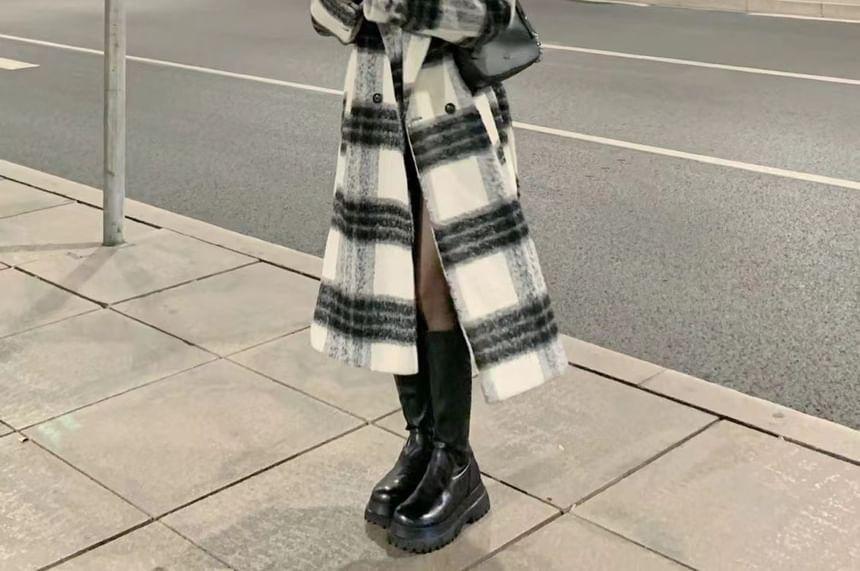Lapel Collar Plaid Midi Double-Breasted Coat Product Image