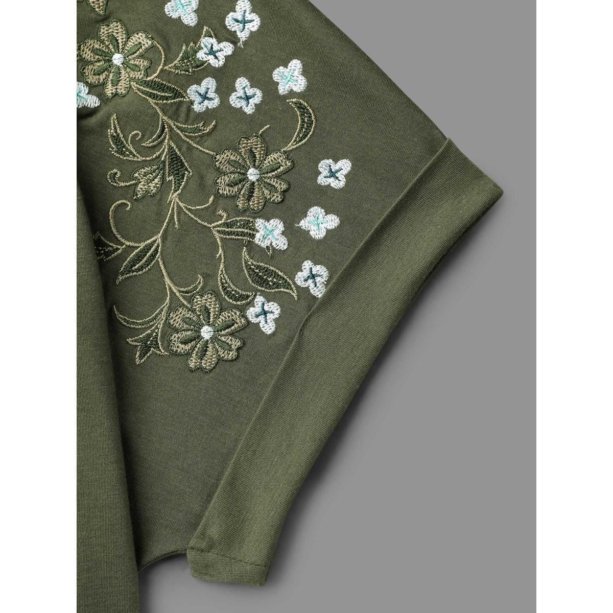 Plus Size Stretchy Embroidered Drop Shoulder T-Shirt ArmyGreen Women Elegant Roll Hem V-neck Everyday T-shirts BloomChic 14-16/1X Product Image