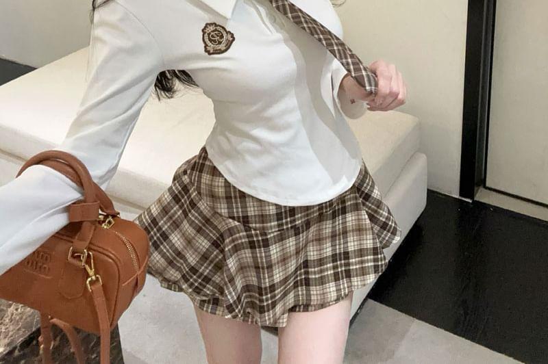 Long-Sleeve Neck Tie Embroidered Polo Shirt / Mid Rise Plaid Mini A-Line Skirt Product Image