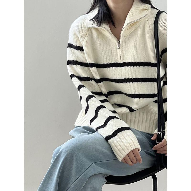 Stand Collar Striped Half Zip Sweater Product Image