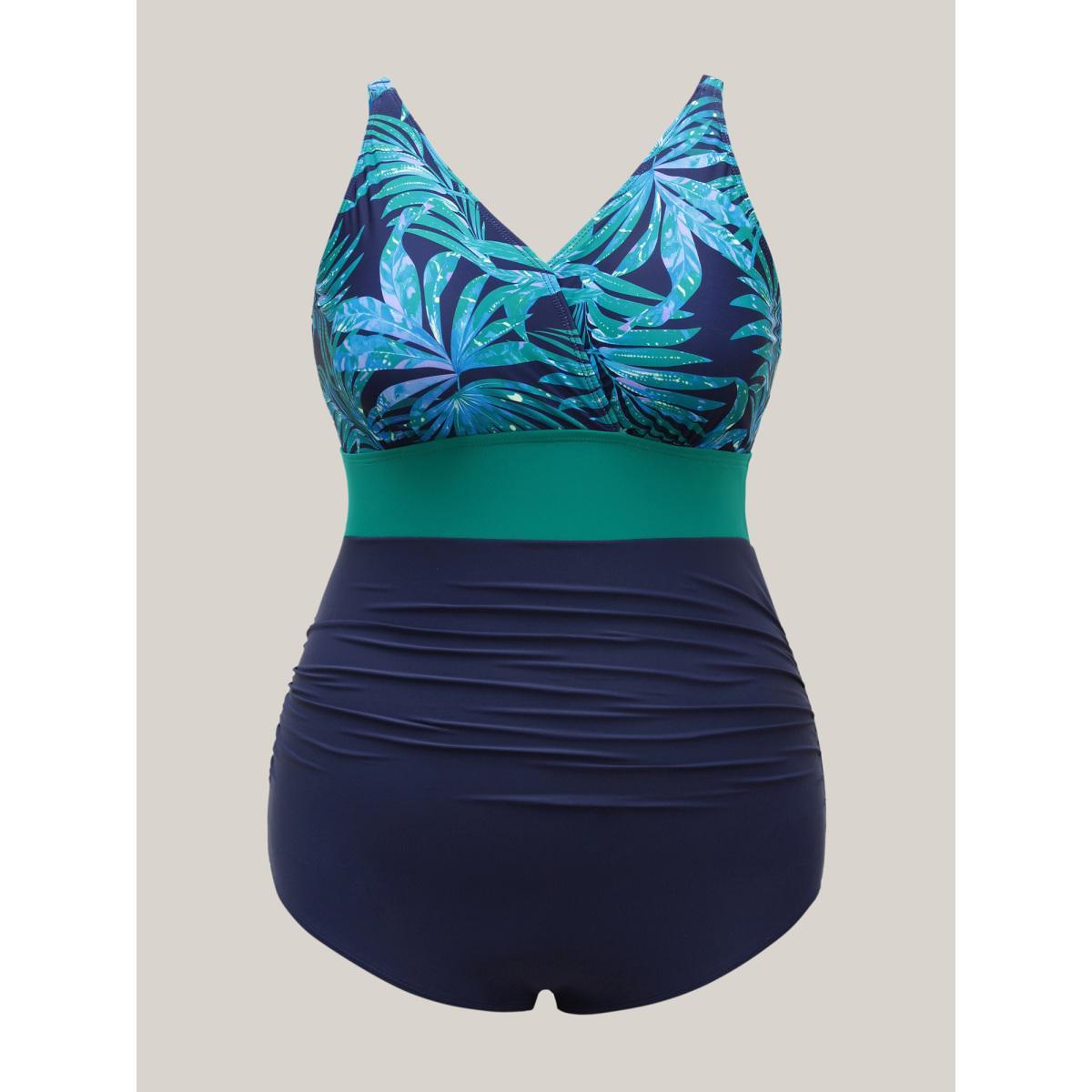 Plus Size Tropical Color Block One-Piece Swimsuit Women's Swimwear Emerald Beach Gathered Curve Bathing Suits High stretch One Pieces BloomChic 10/M Product Image