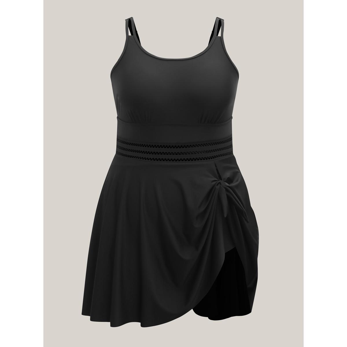 Plus Size Anti-Float Ties Webbed Split Hem Swim Dress Women's Swimwear Black Beach Bodycon U-neck High stretch Curve Swim Dresses BloomChic 30/6X Product Image
