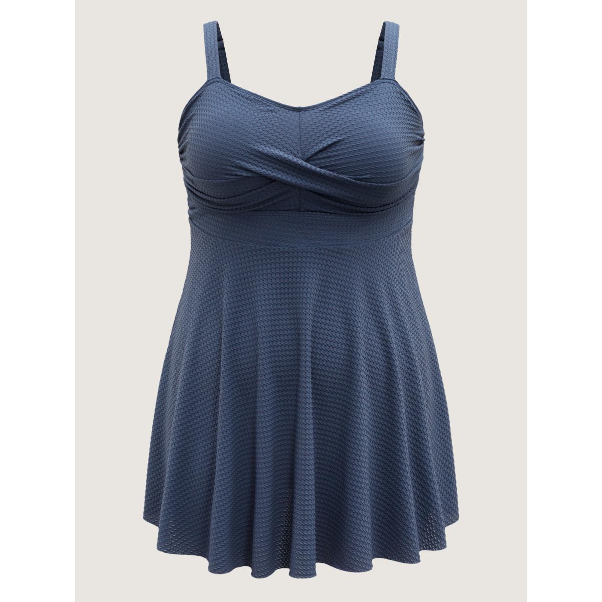 Plus Size Textured Twist Front Solid Swim Dress Women's Swimwear Indigo Beach Bodycon Heart neckline High stretch Curve Swim Dresses BloomChic 18-20/2X Product Image