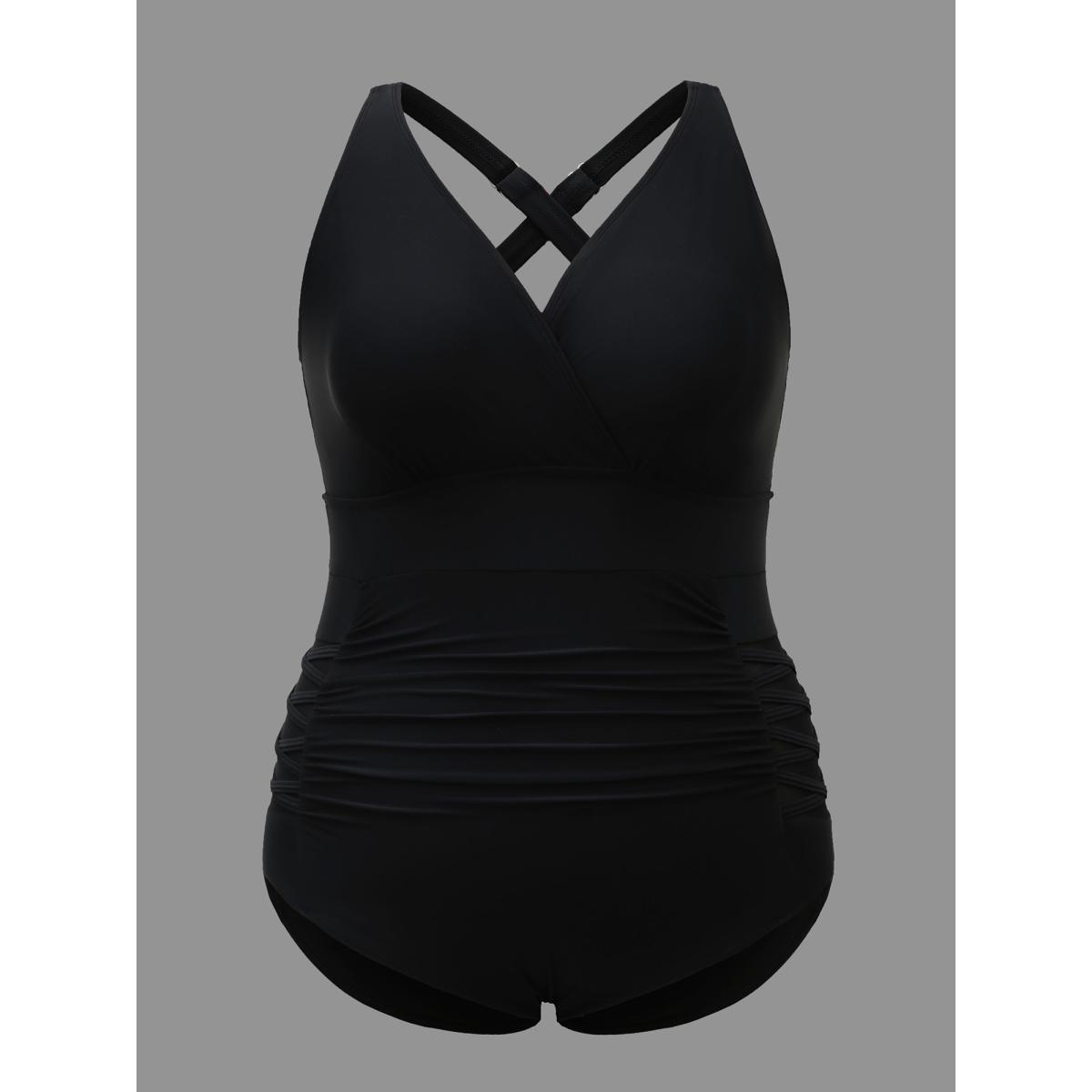 Plus Size Ruched See Through Solid One-Piece Swimsuit Women's Swimwear Black Beach Gathered Curve Bathing Suits High stretch One Pieces BloomChic 30/6X Product Image