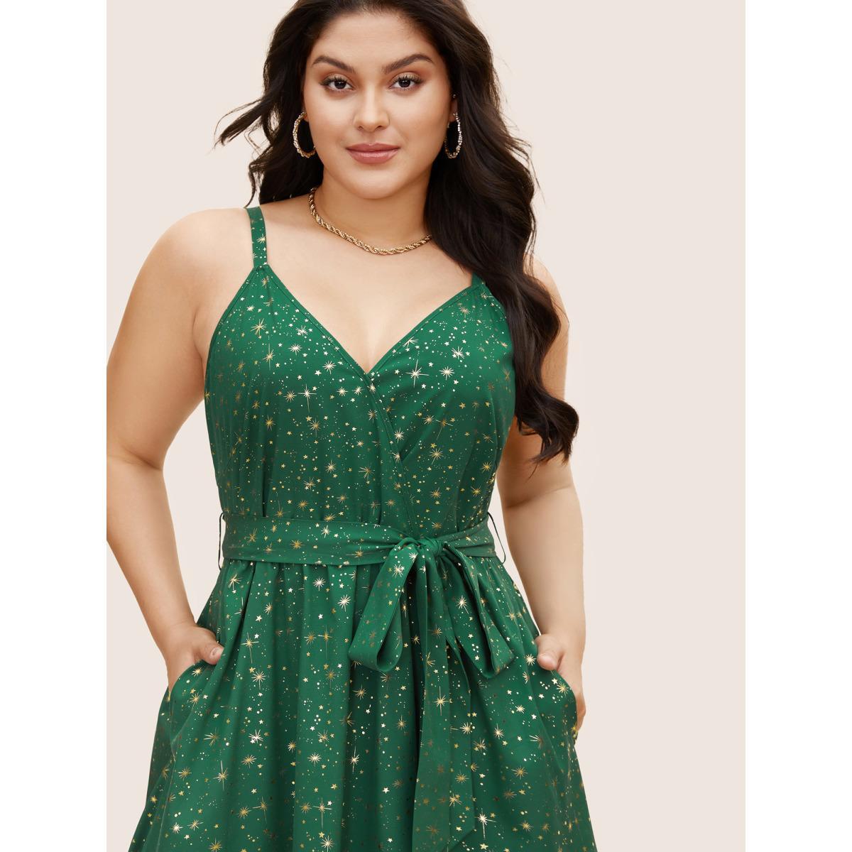 Plus Size Overlap Collar Glitter Star Belted Cami Dress DarkGreen Women Formal Belted Overlap Collar Sleeveless Curvy BloomChic 30/6X Product Image
