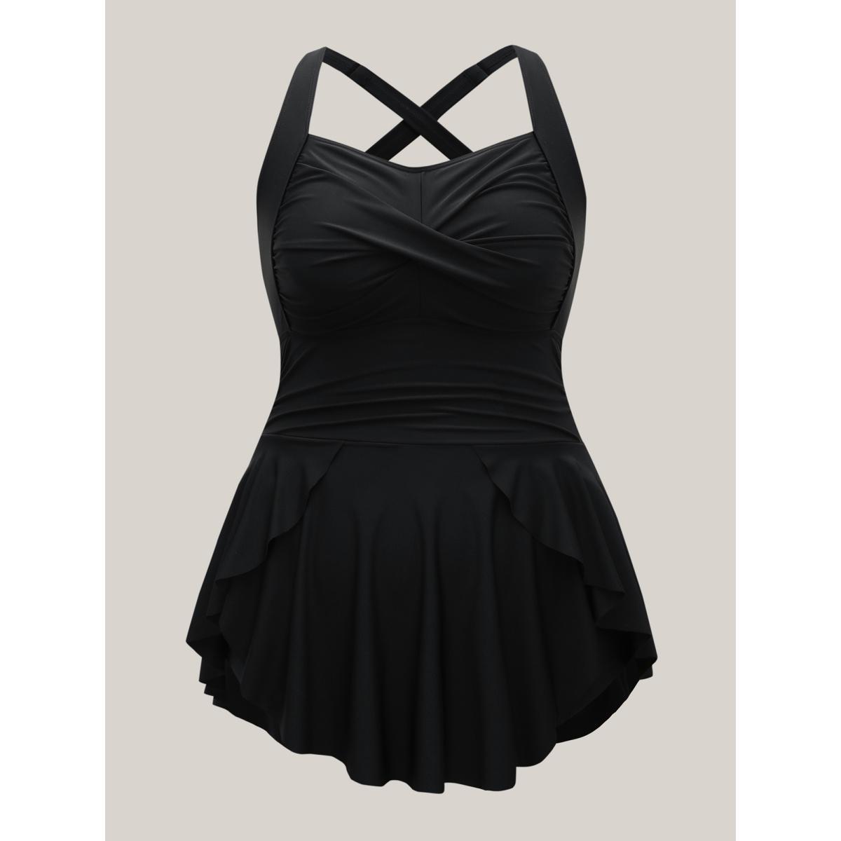 Plus Size Twist Front Ruched Ruffled Swim Dress Women's Swimwear Black Beach Bodycon Heart neckline High stretch Curve Swim Dresses BloomChic 12/L Product Image