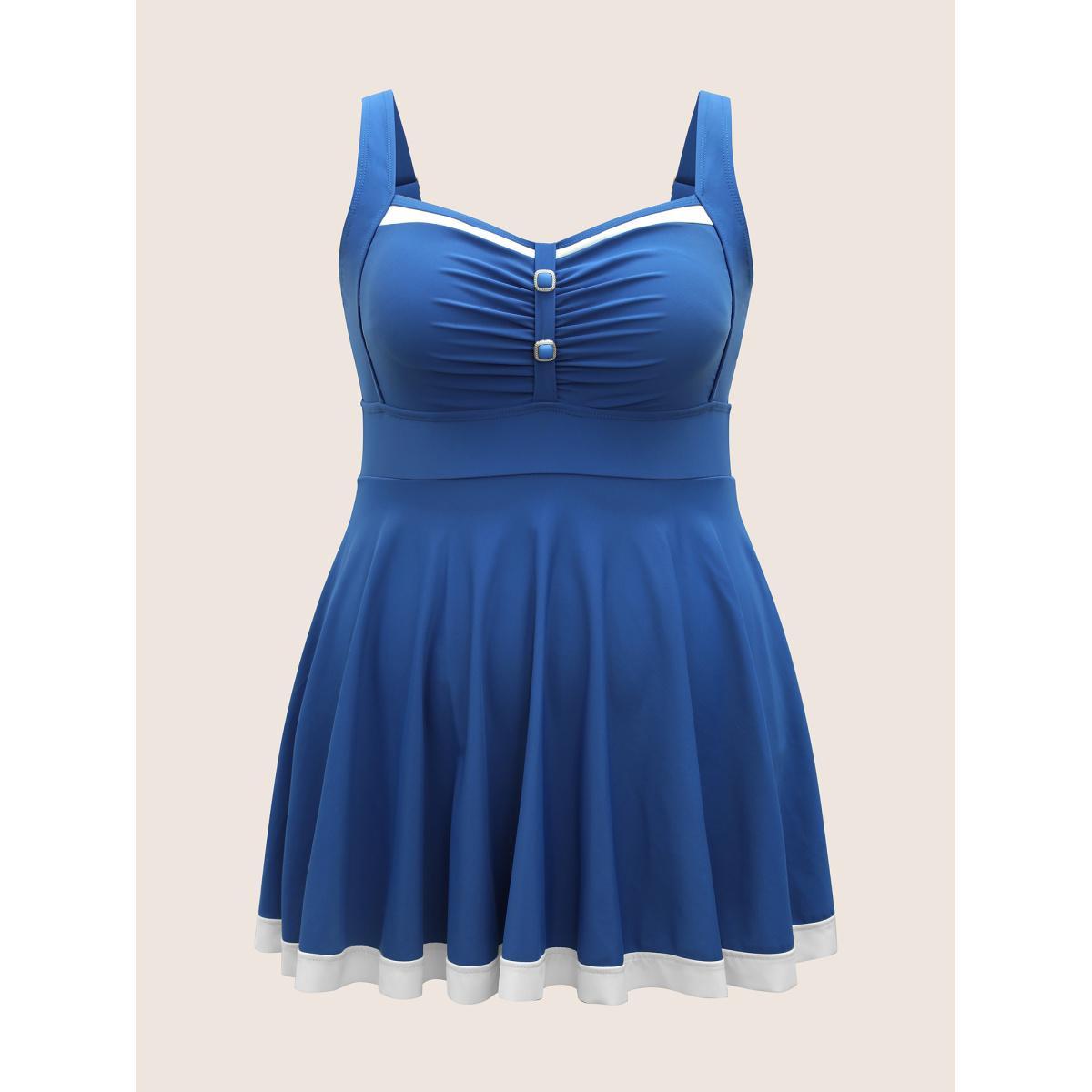 Plus Size Plain Patchwork Ruched Button Detail Swim Dress Women's Swimwear Blue Beach Bodycon Heart neckline High stretch Curve Swim Dresses BloomChic 26/4X Product Image
