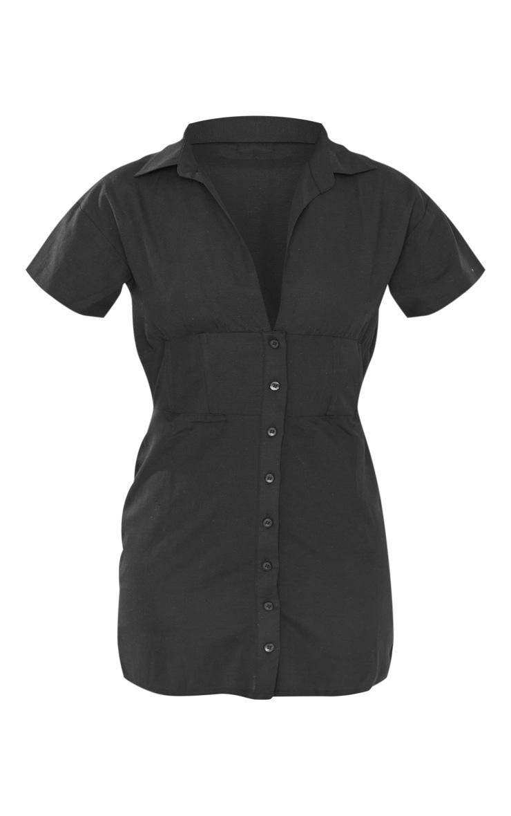 Black Short Sleeve Fitted Waist Linen Look Shirt Dress Product Image