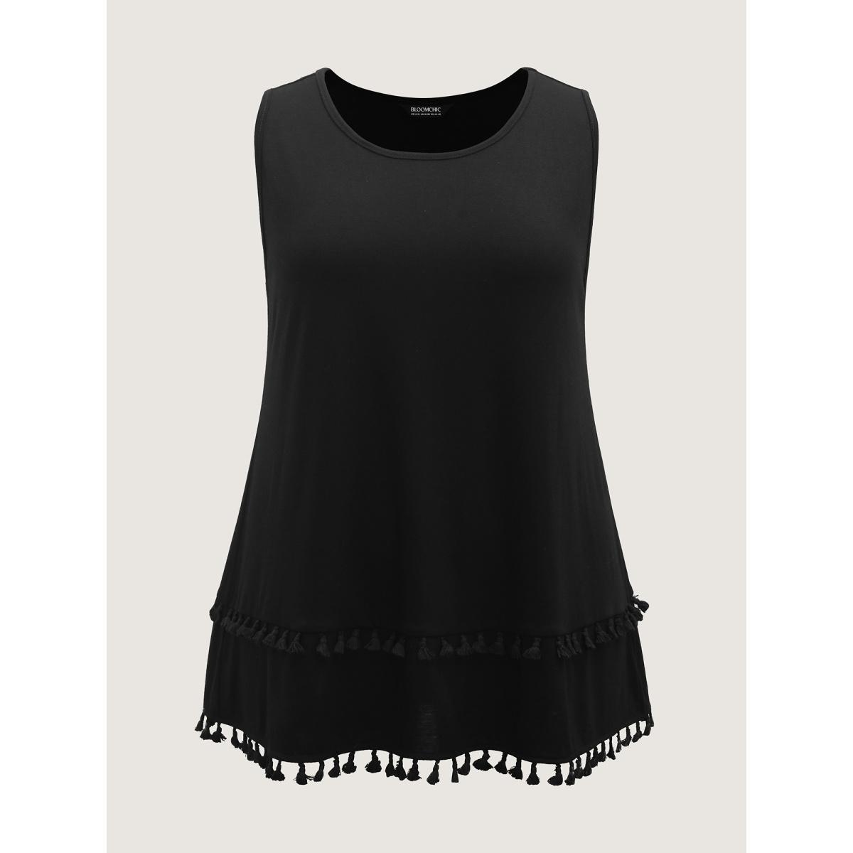 Plus Size A-Line Tassel Hem Plain Tank Top Women Black Tassels Round Neck Everyday-Casual Tank Tops Camis BloomChic 18-20/2X Product Image