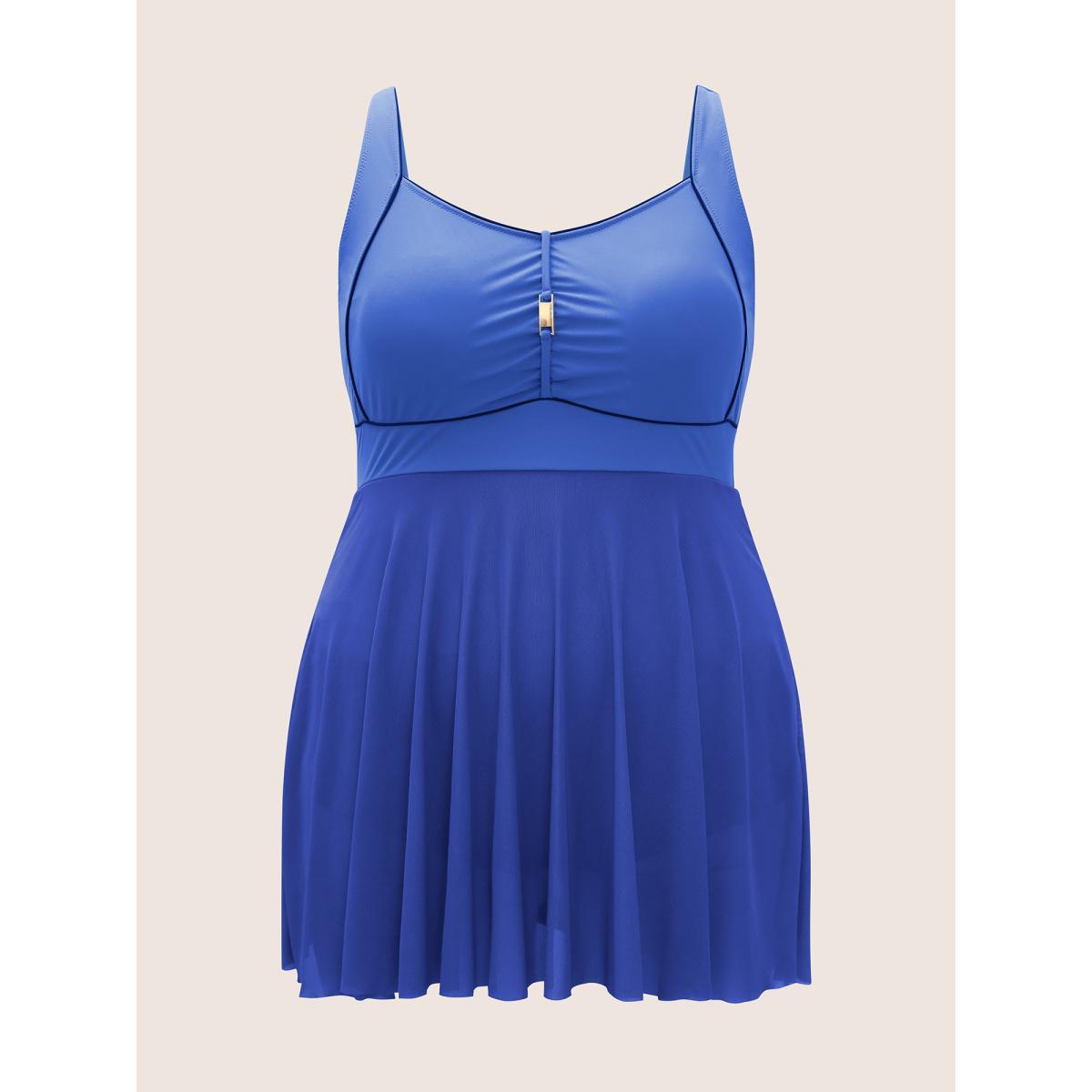 Plus Size Solid Heart Neckline Gathered Dress Women's Swimwear Blue Beach Bodycon Heart neckline High stretch Curve Swim Dresses BloomChic 12/L Product Image