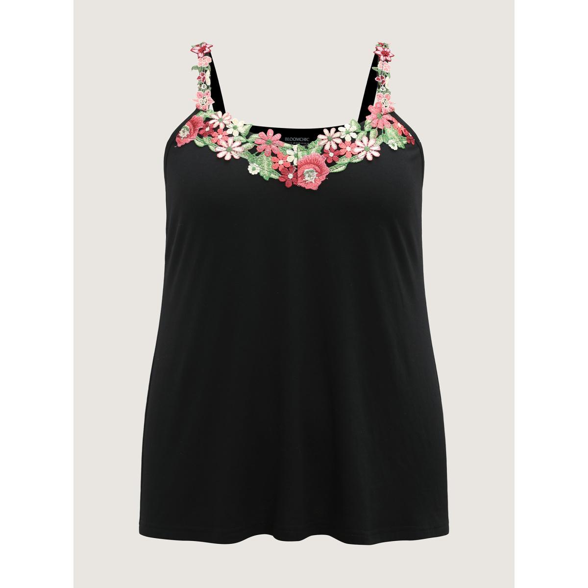 Plus Size 3D Floral Neckline Tank Top Women Cyan Woven ribbon&lace trim V-neck Everyday-Elegant Tank Tops Camis BloomChic 28/5X Product Image