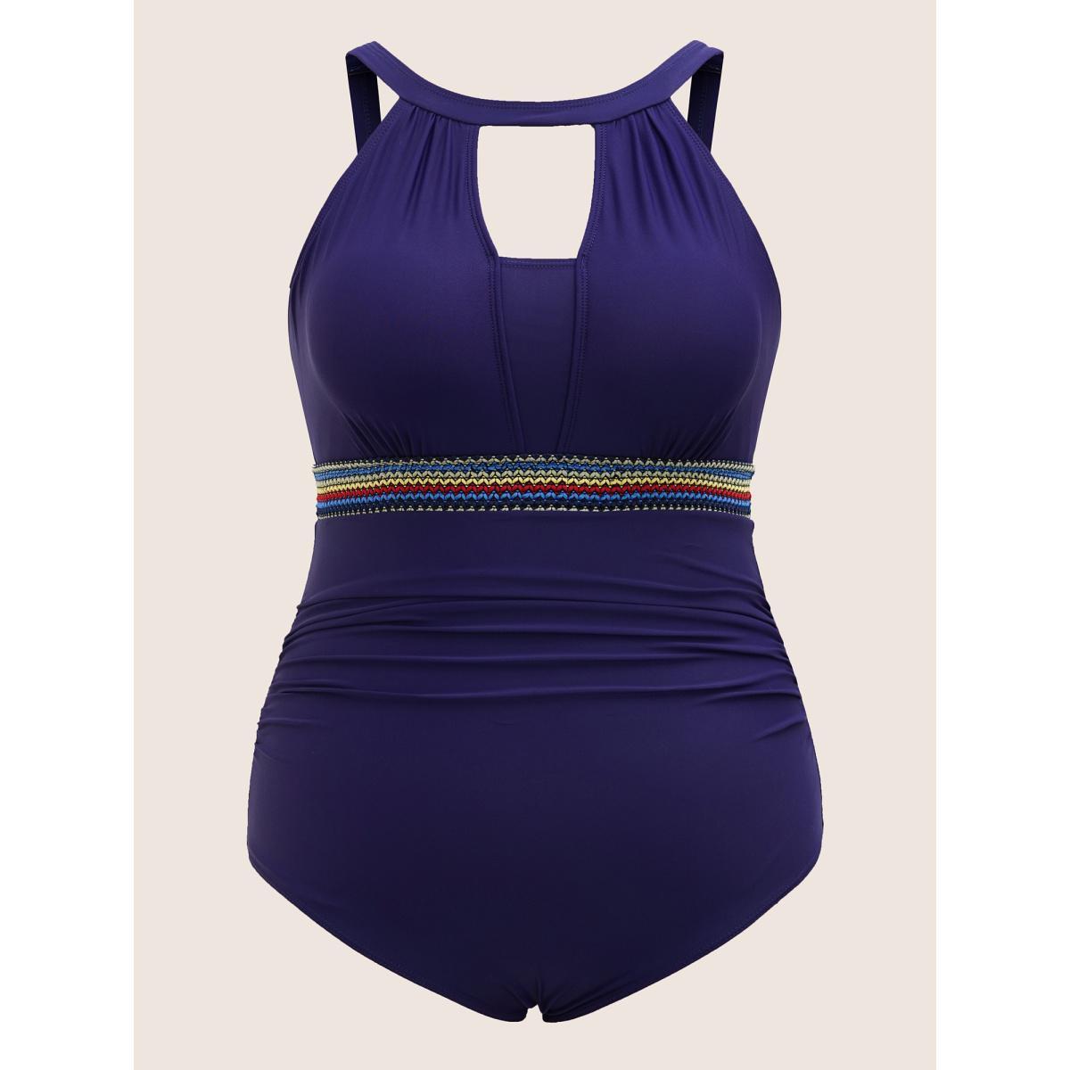 Plus Size Keyhole Contrast Webbing Ruched One Piece Swimsuit Women's Swimwear Midnight Beach Woven ribbon&lace trim Curve Bathing Suits High stretch One Pieces BloomChic 14-16/1X Product Image