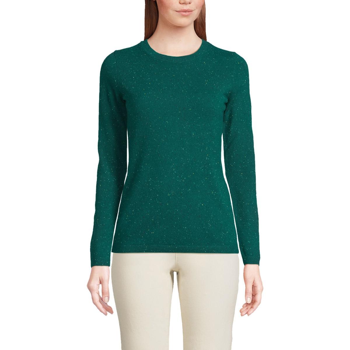 Women's Lands' End Crewneck Cashmere Sweater, Size: XL, Green Donegal Product Image